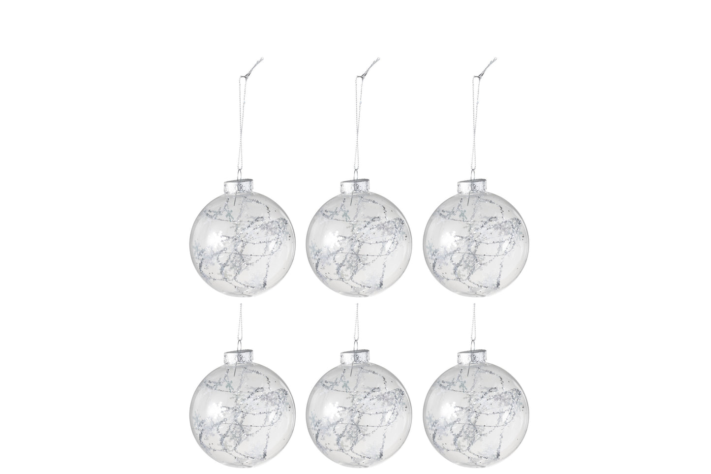 BOX OF 6 CHRISTMAS BAUBLES SNOWFLAKE GLASS CLEAR/SILVER SMALL