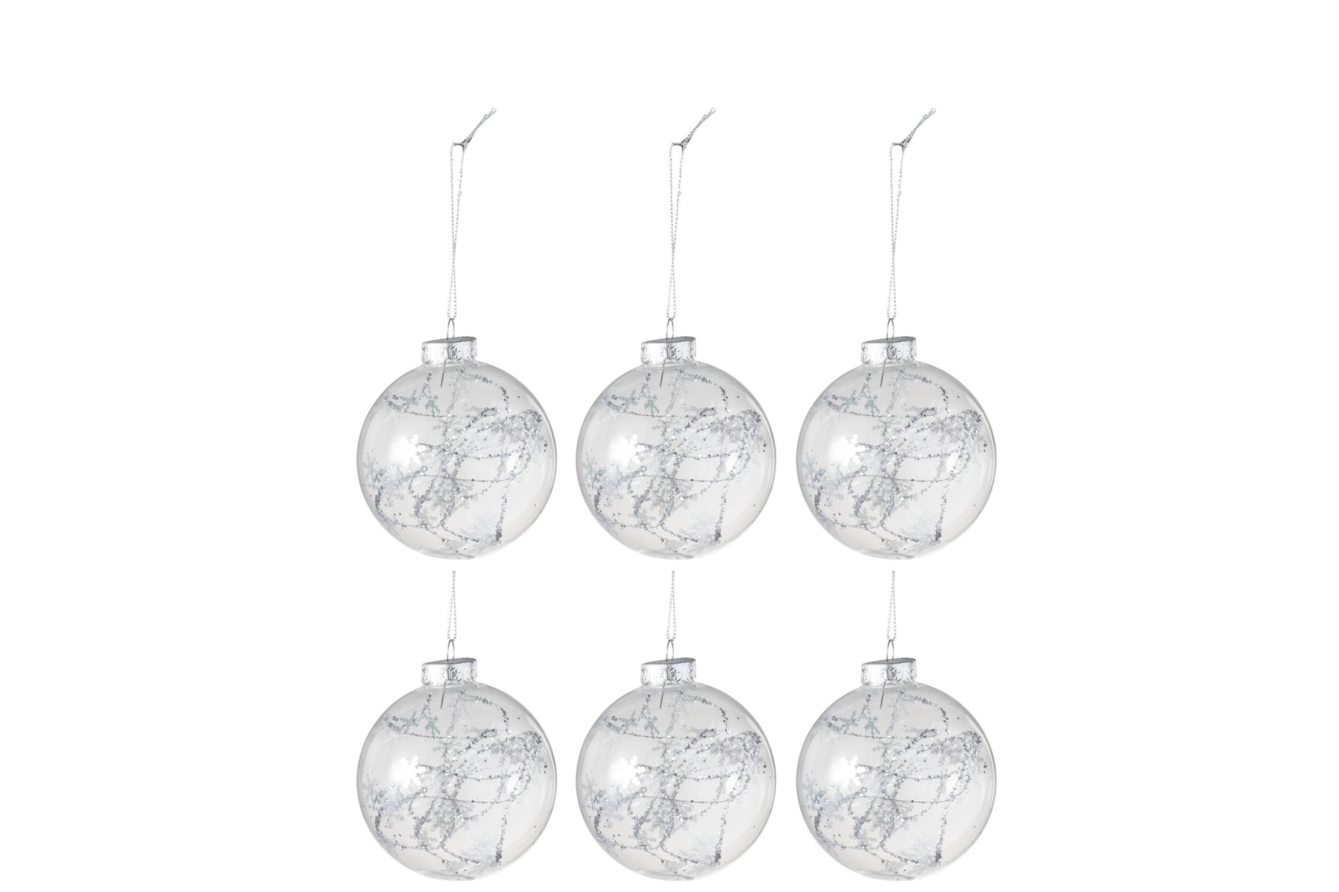 BOX OF 6 CHRISTMAS BAUBLES SNOWFLAKE GLASS CLEAR/SILVER SMALL