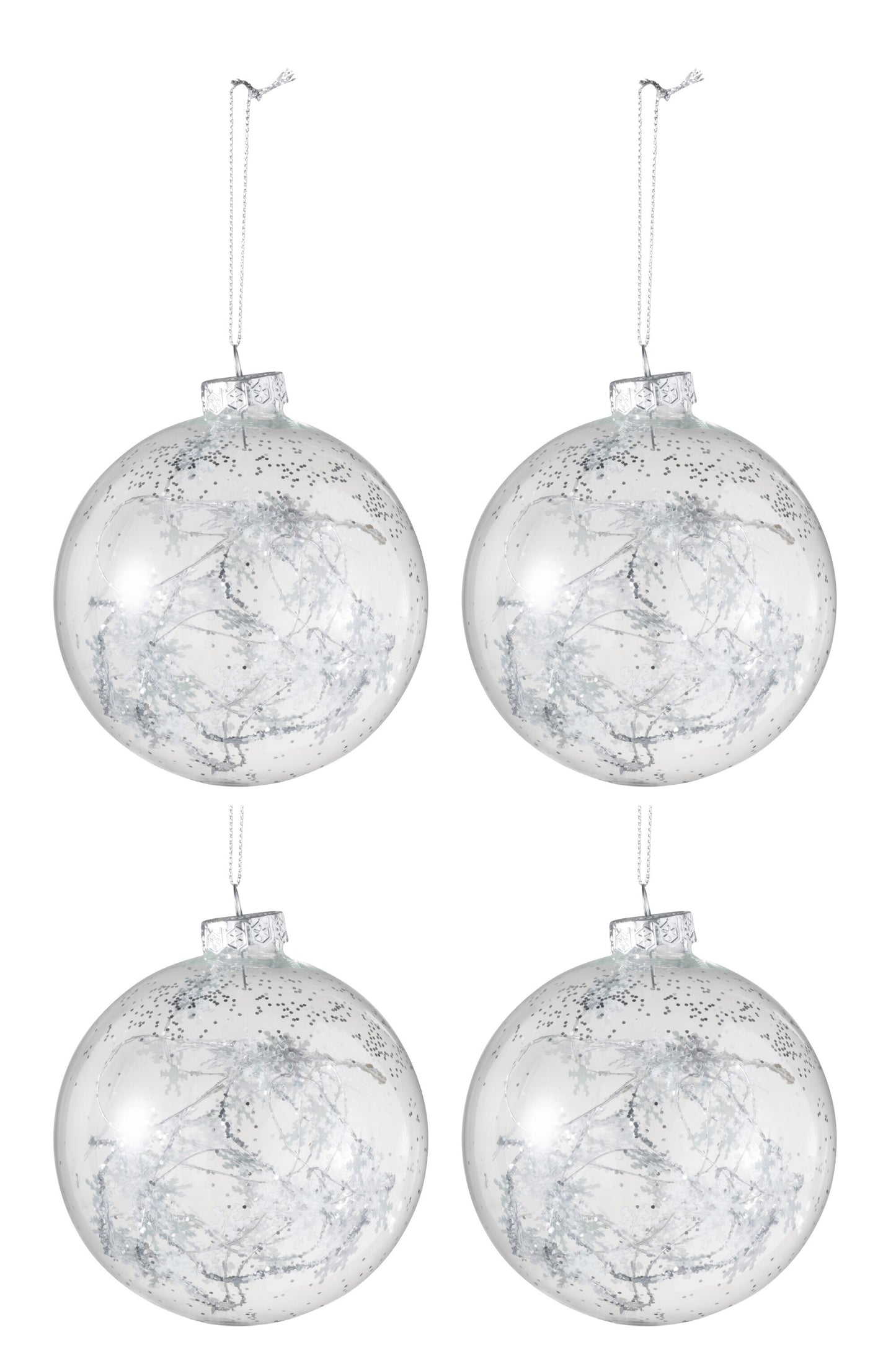 BOX OF 4 CHRISTMAS BAUBLES SNOWFLAKE GLASS CLEAR/SILVER MEDIUM