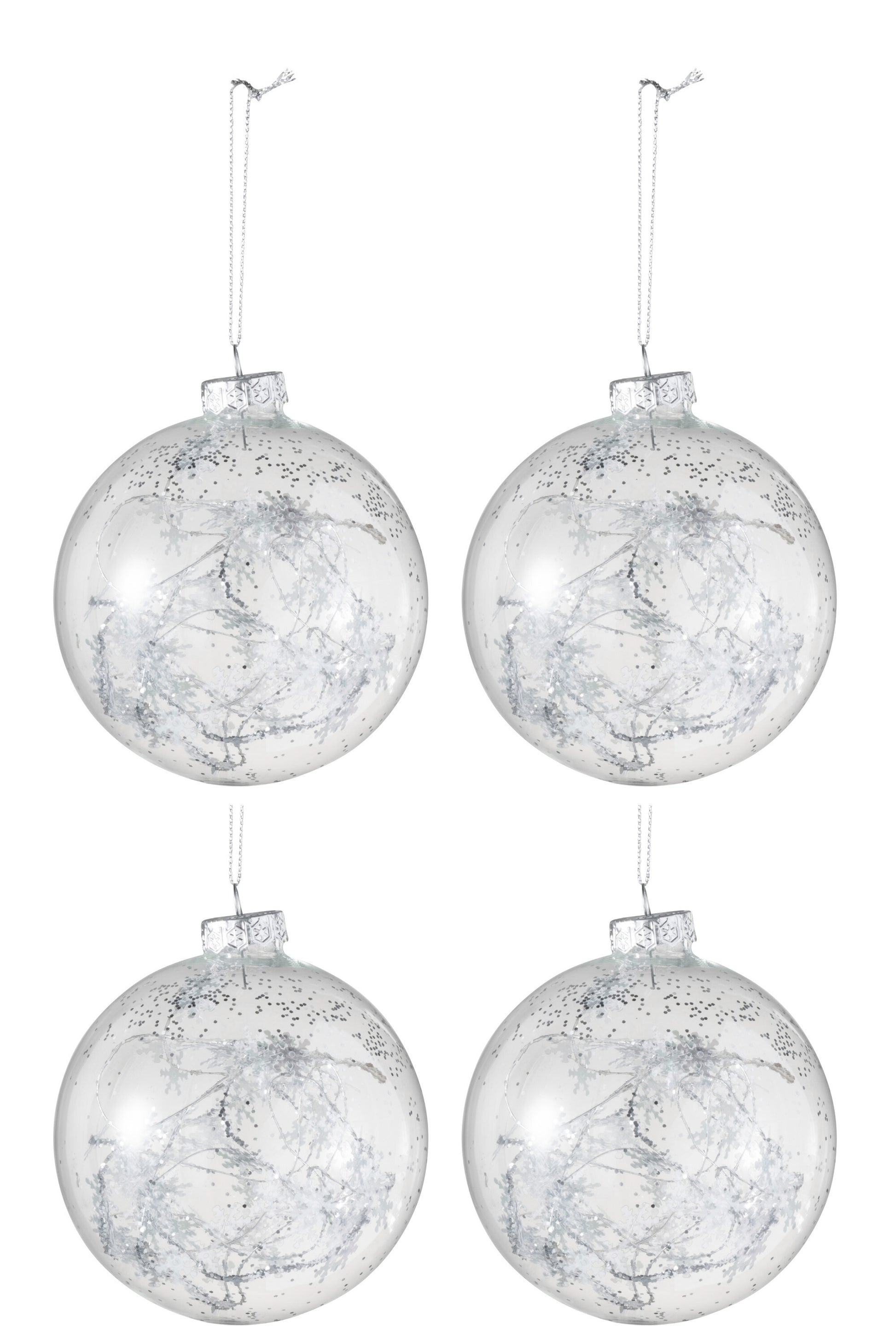 BOX OF 4 CHRISTMAS BAUBLES SNOWFLAKE GLASS CLEAR/SILVER MEDIUM