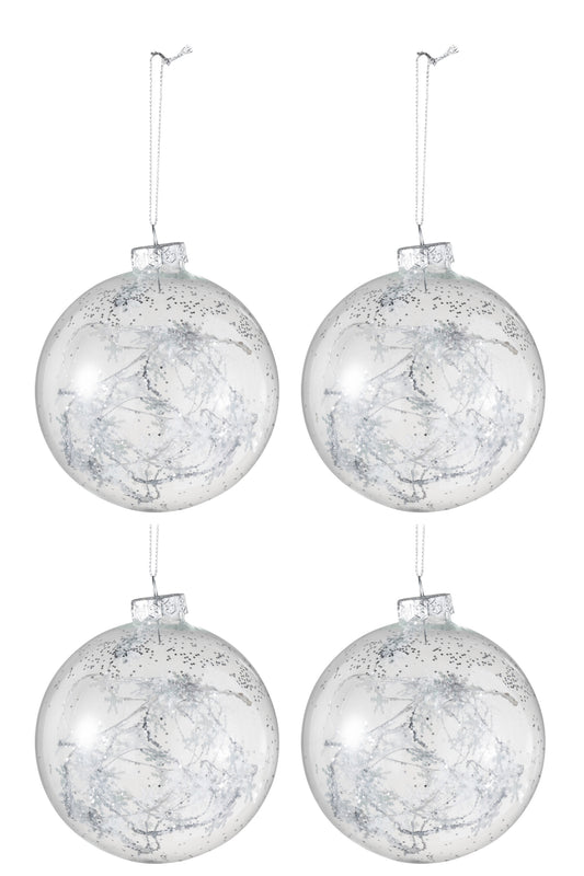 BOX OF 4 CHRISTMAS BAUBLES SNOWFLAKE GLASS CLEAR/SILVER MEDIUM