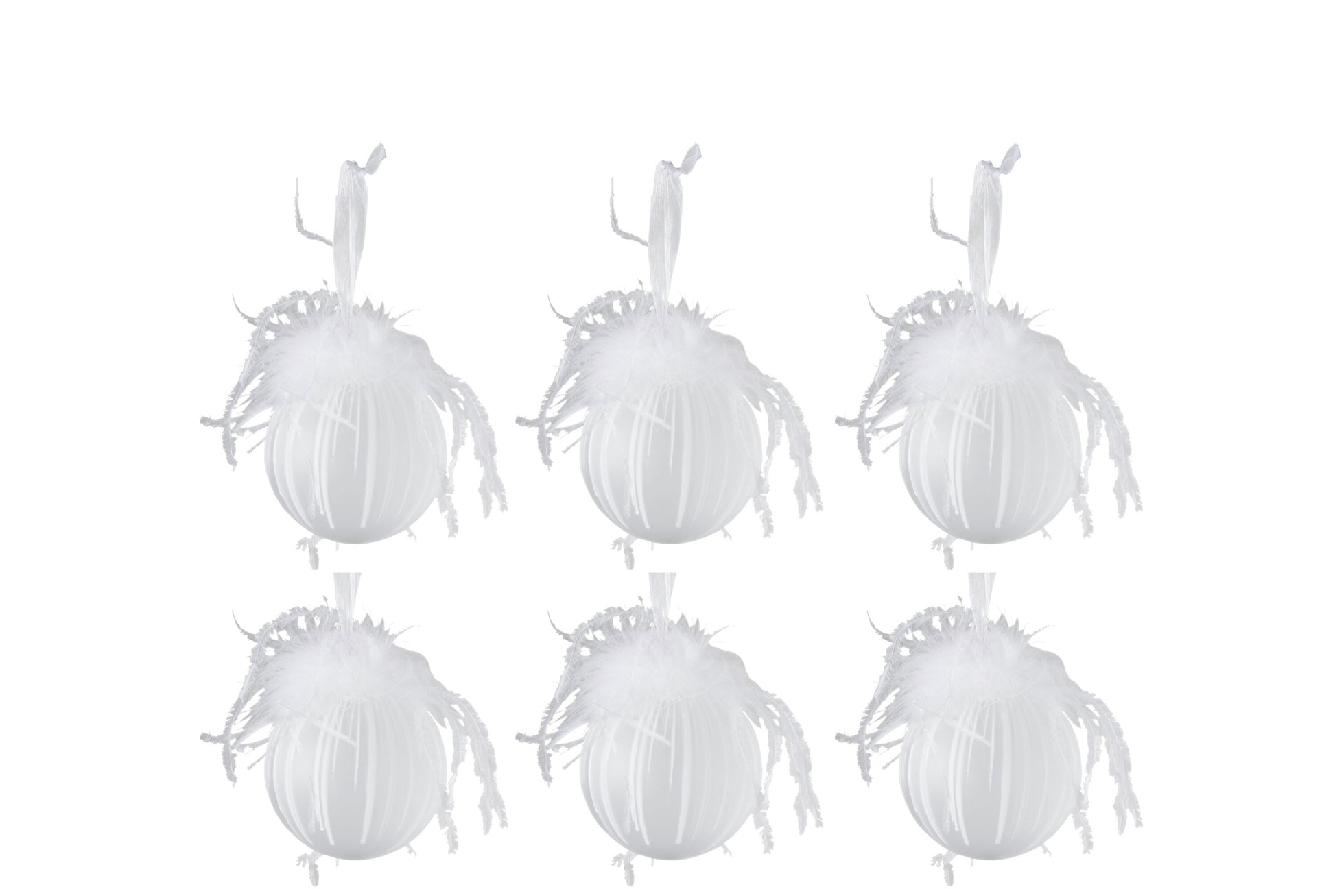 BOX OF 6 CHRISTMAS BAUBLES FEATHER GLASS MATT WHITE SMALL