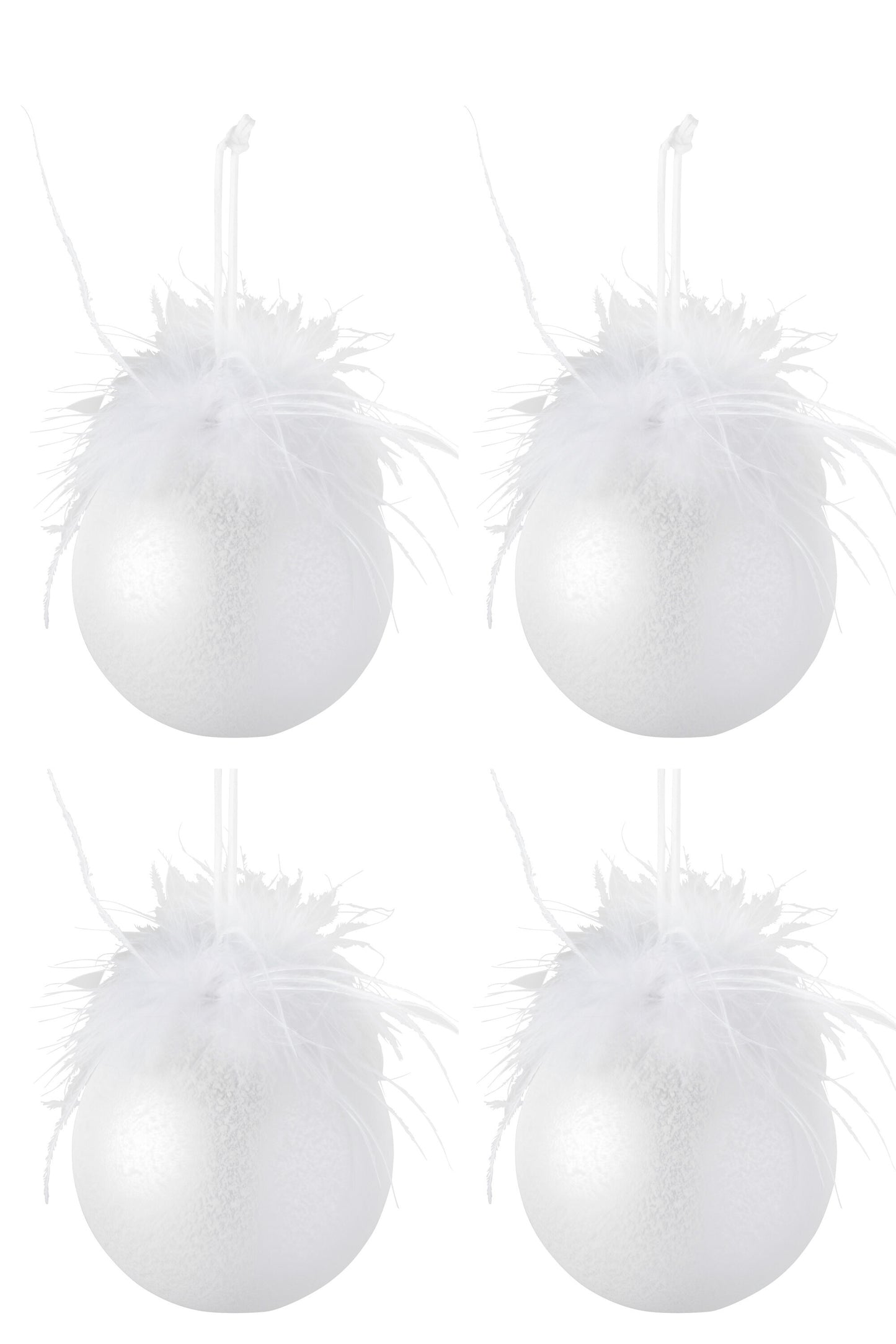 BOX OF 4 CHRISTMAS BAUBLES FEATHER GLASS MATT WHITE MEDIUM