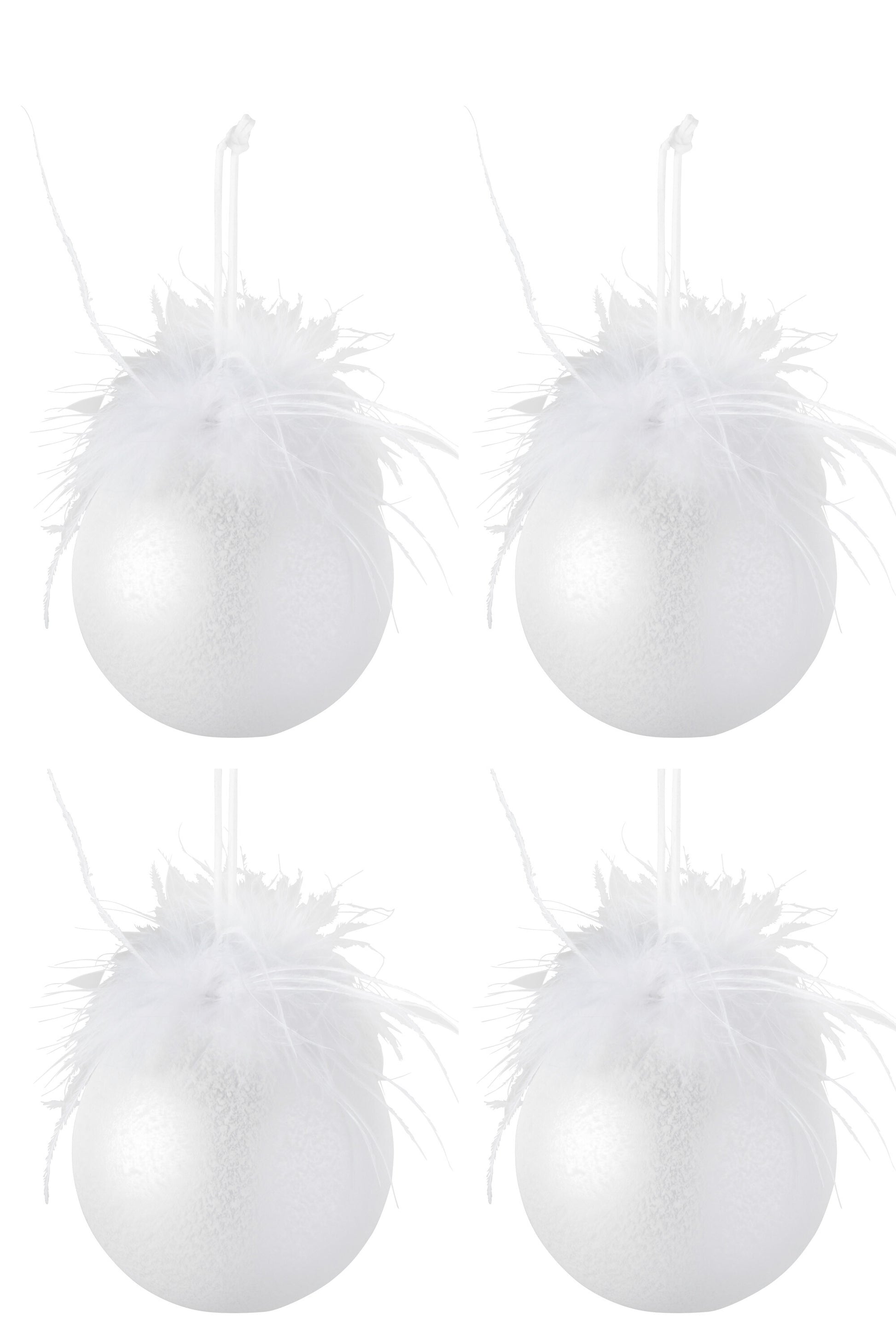 BOX OF 4 CHRISTMAS BAUBLES FEATHER GLASS MATT WHITE MEDIUM