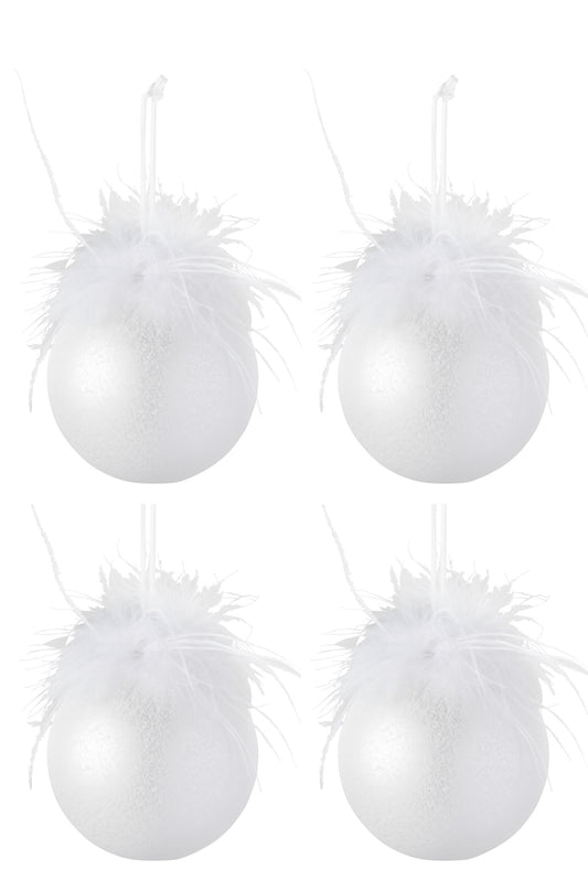 BOX OF 4 CHRISTMAS BAUBLES FEATHER GLASS MATT WHITE MEDIUM