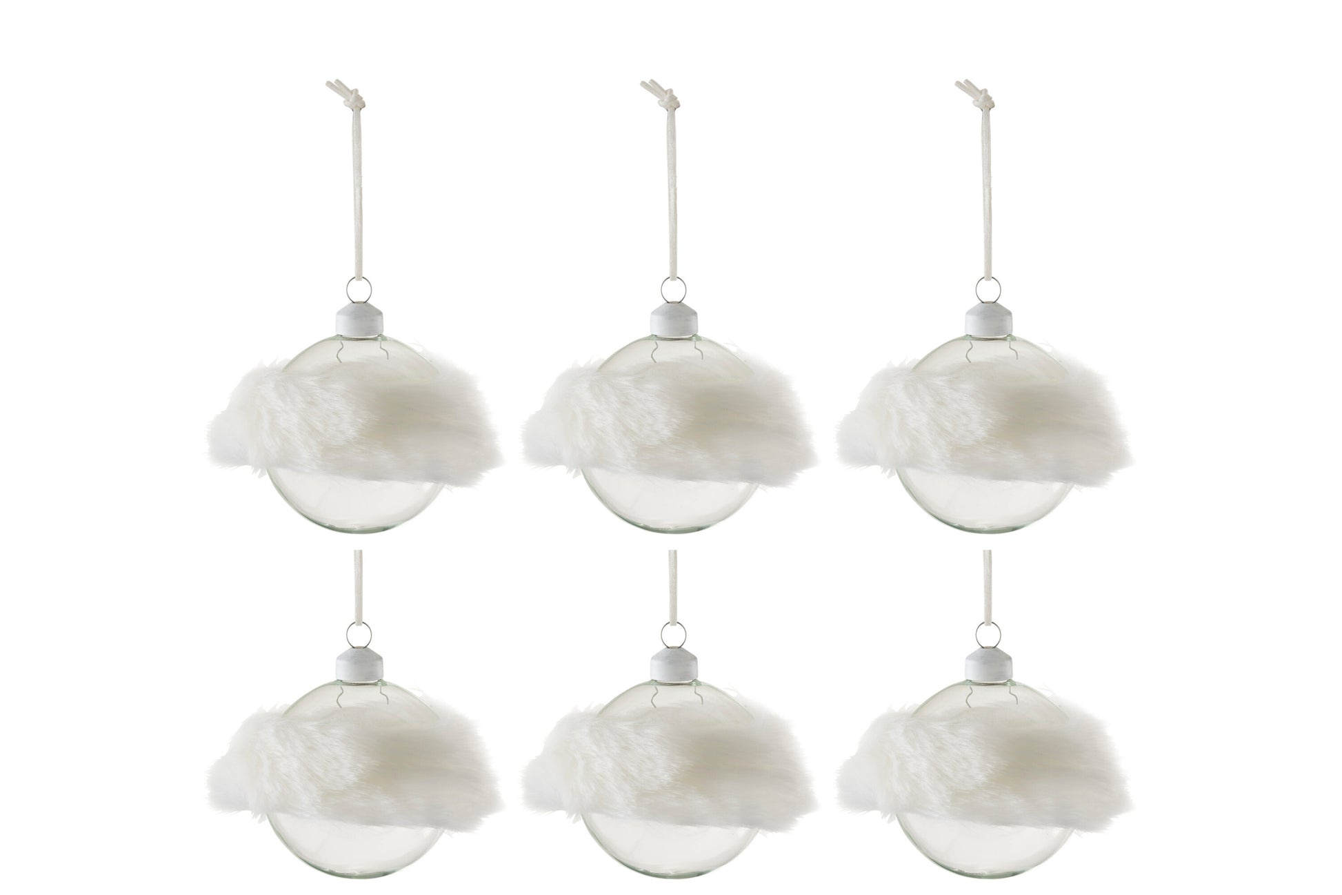 BOX OF 6 CHRISTMAS BAUBLES+FUR WHITE GLASS CLEAR SMALL