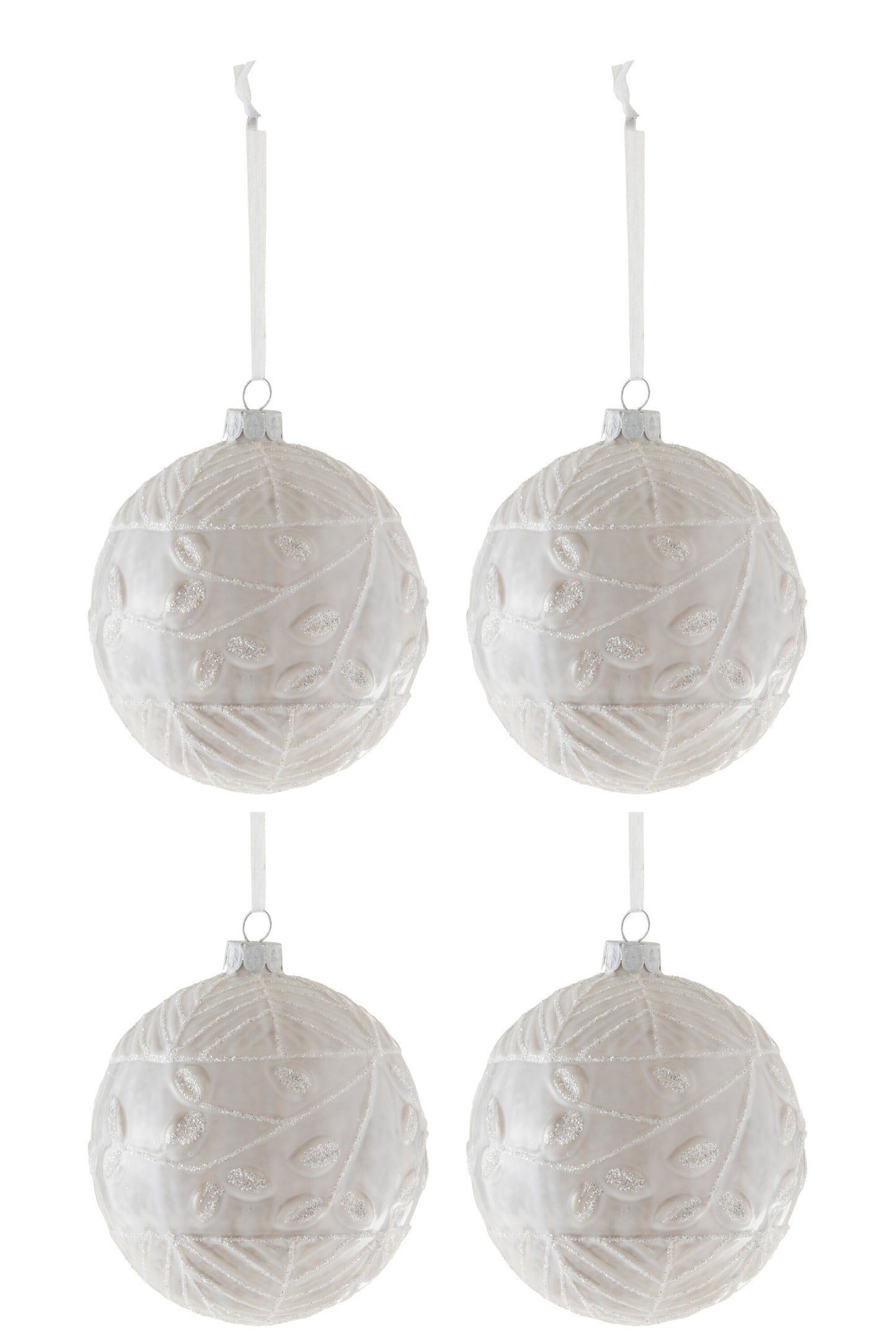 BOX OF 4 CHRISTMAS BAUBLES LEAF GLITTER GLASS WHITE MEDIUM