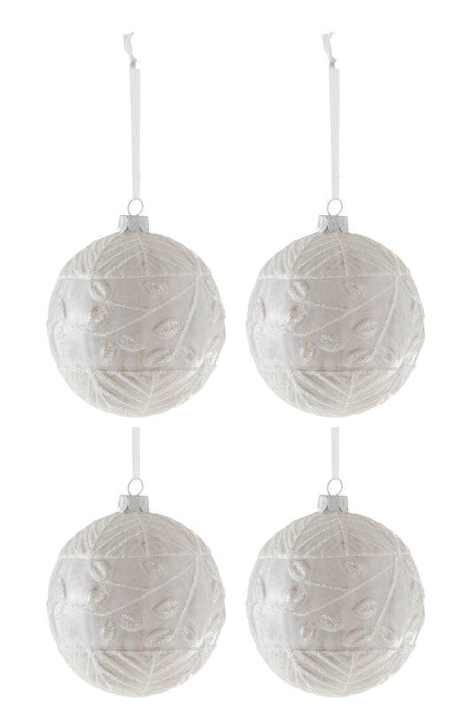 BOX OF 4 CHRISTMAS BAUBLES LEAF GLITTER GLASS WHITE MEDIUM