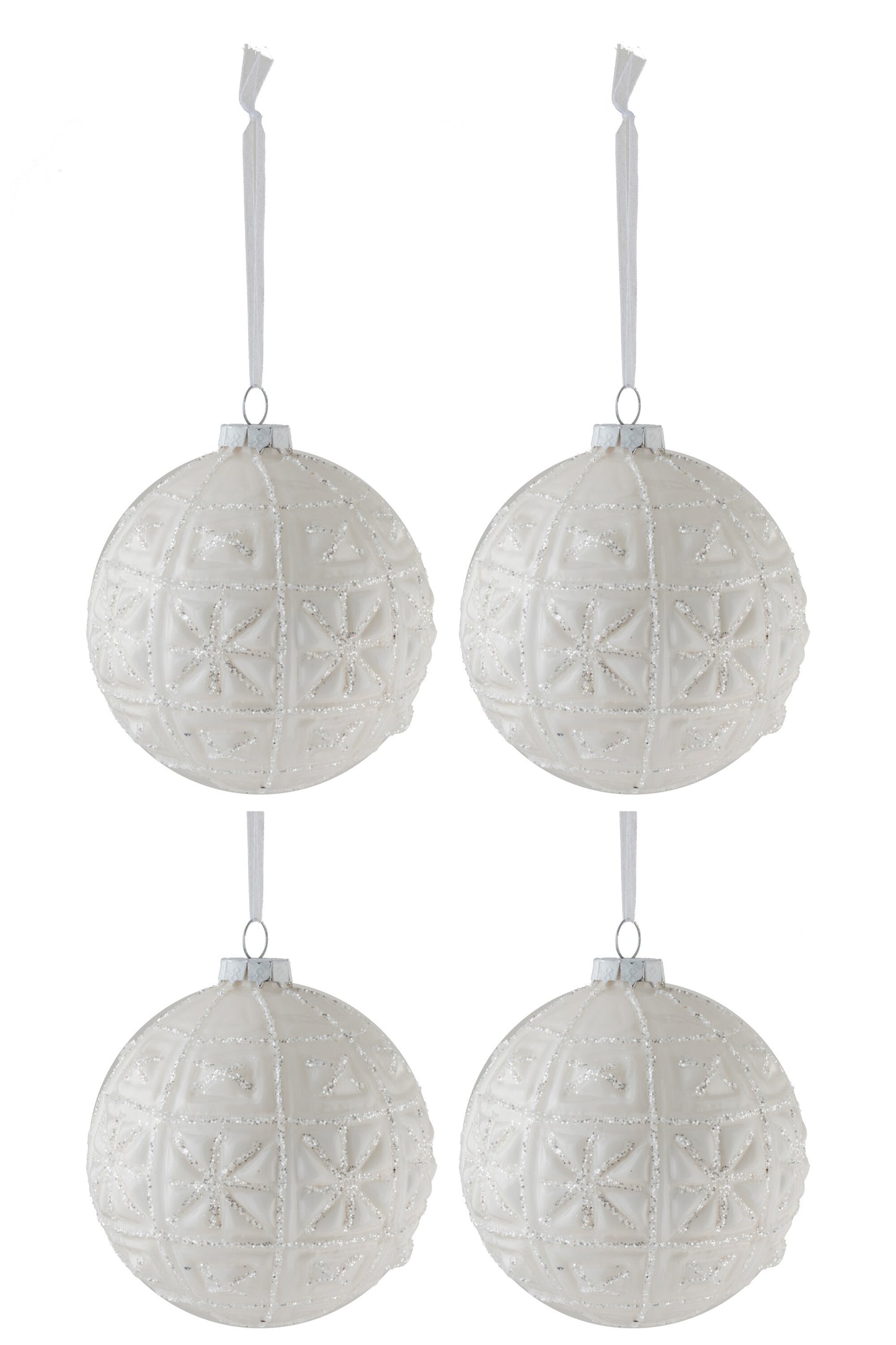 BOX OF 4 CHRISTMAS BAUBLES STAR GLITTER GLASS WHITE MEDIUM