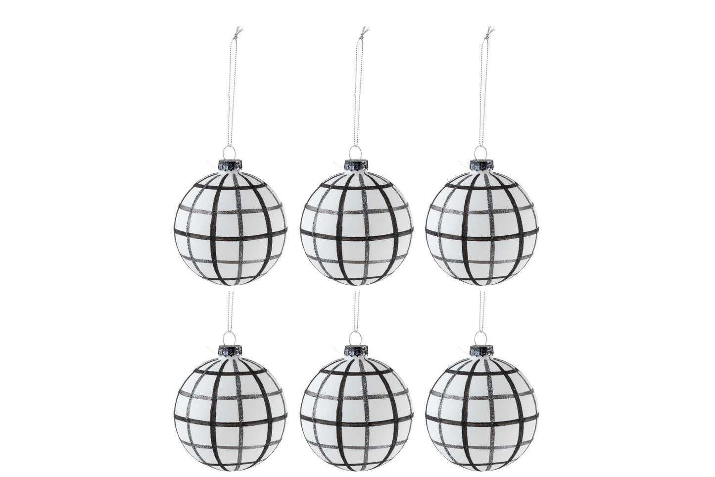 BOX OF 6 CHRISTMAS BAUBLES RHOMBUSES GLASS WHITE/BLACK SMALL