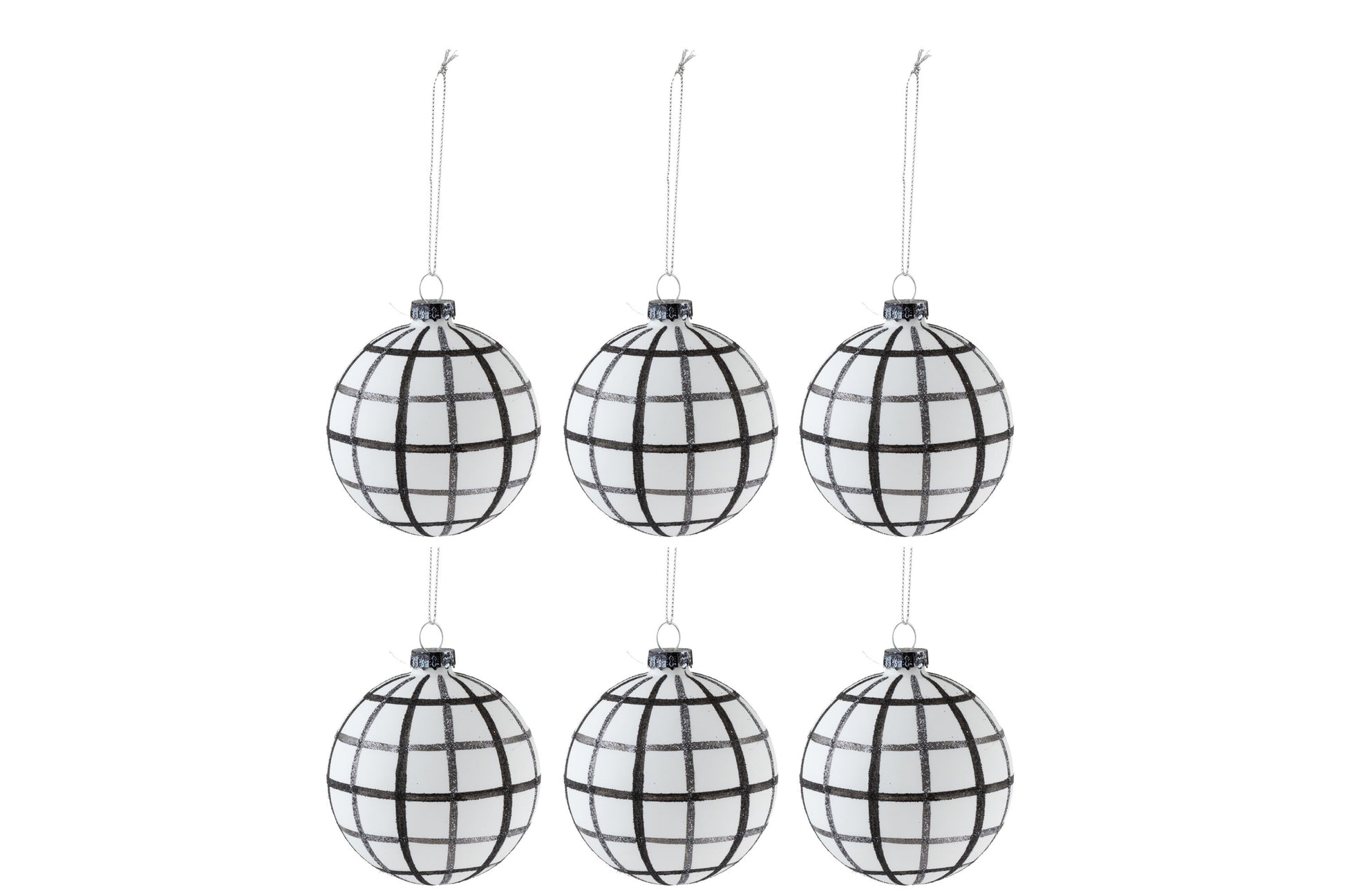 BOX OF 6 CHRISTMAS BAUBLES RHOMBUSES GLASS WHITE/BLACK SMALL