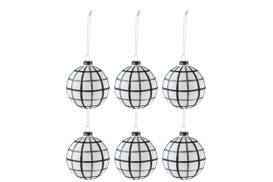 BOX OF 6 CHRISTMAS BAUBLES RHOMBUSES GLASS WHITE/BLACK SMALL