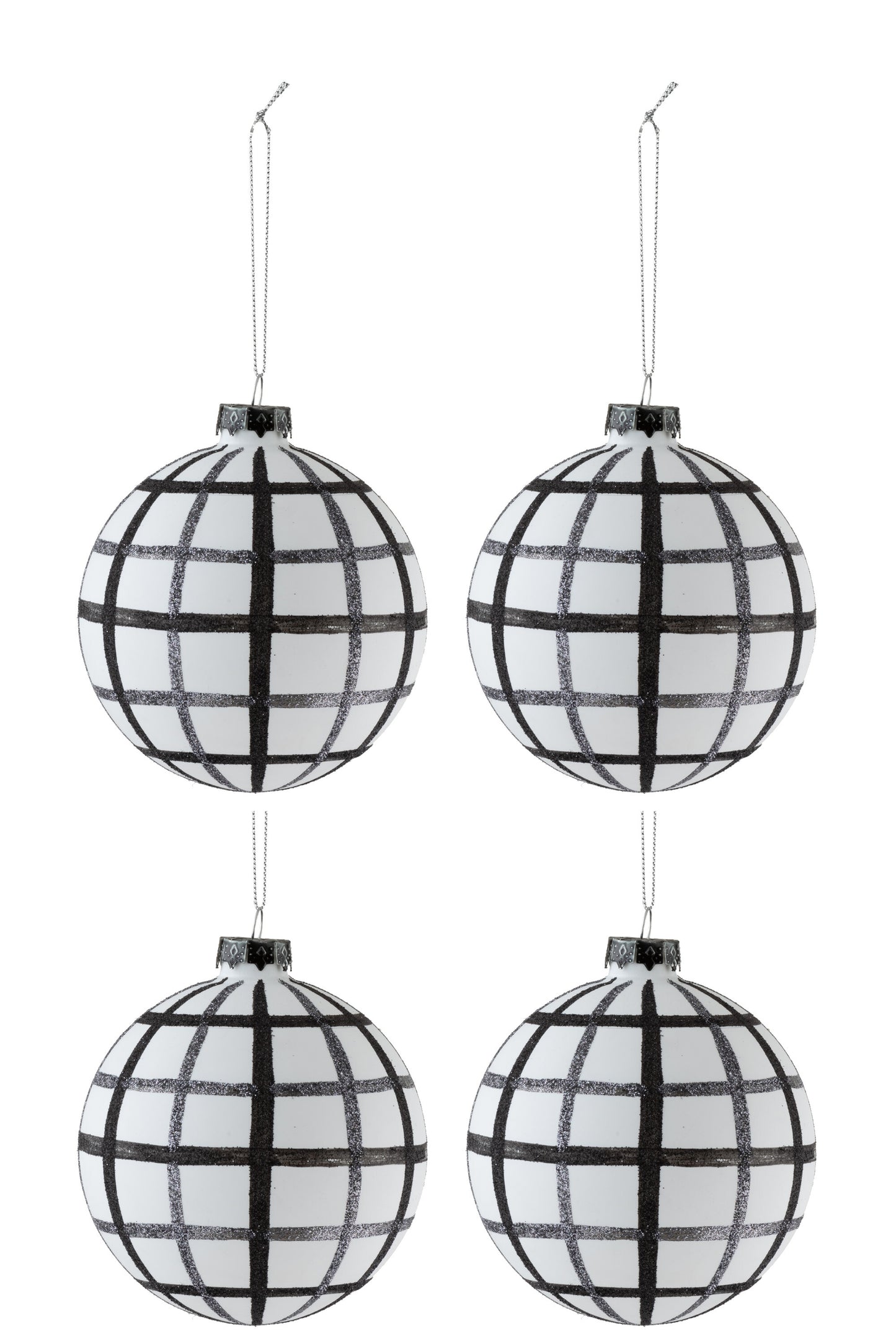 BOX OF 4 CHRISTMAS BAUBLES RHOMBUSES GLASS WHITE/BLACK MEDIUM