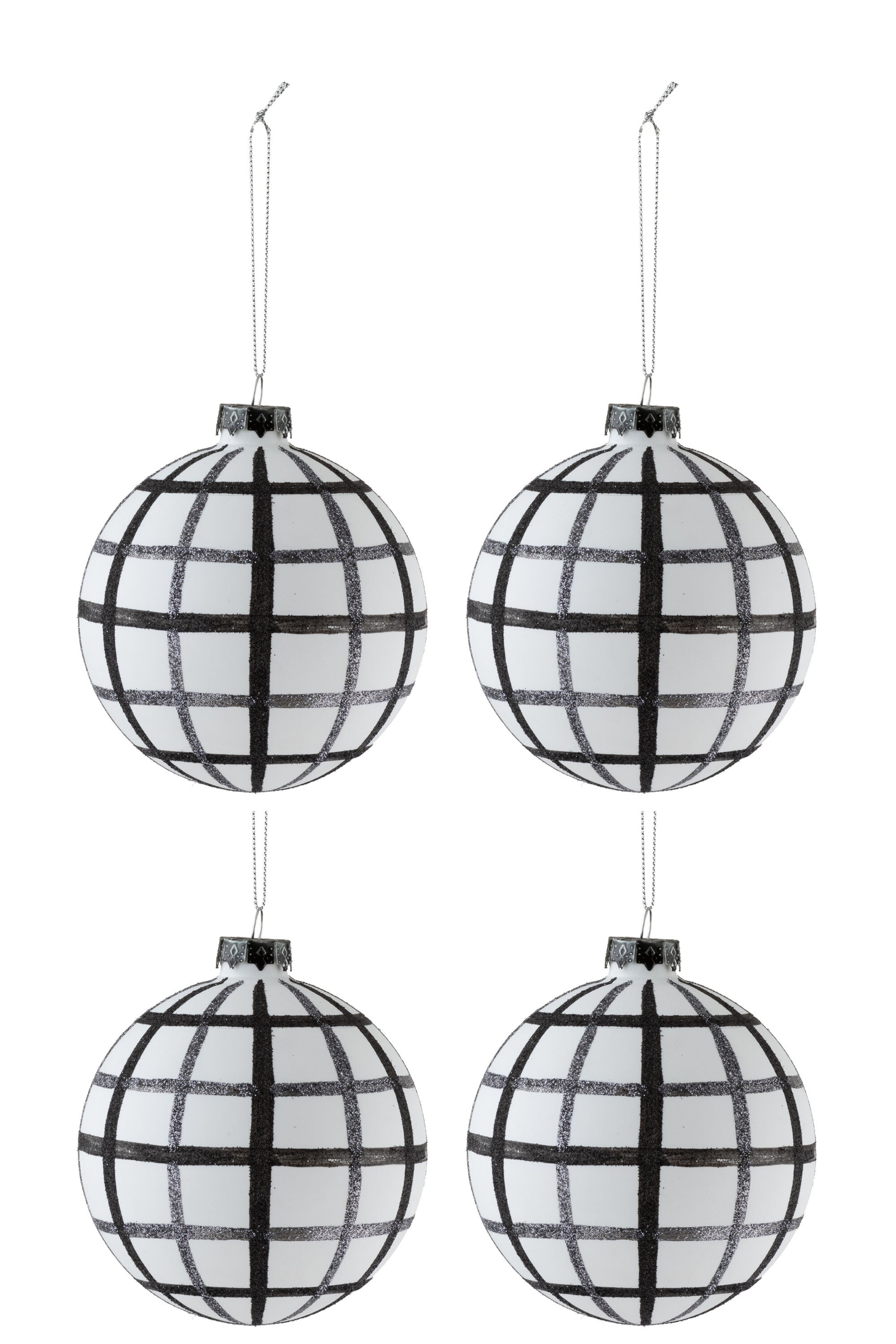 BOX OF 4 CHRISTMAS BAUBLES RHOMBUSES GLASS WHITE/BLACK MEDIUM