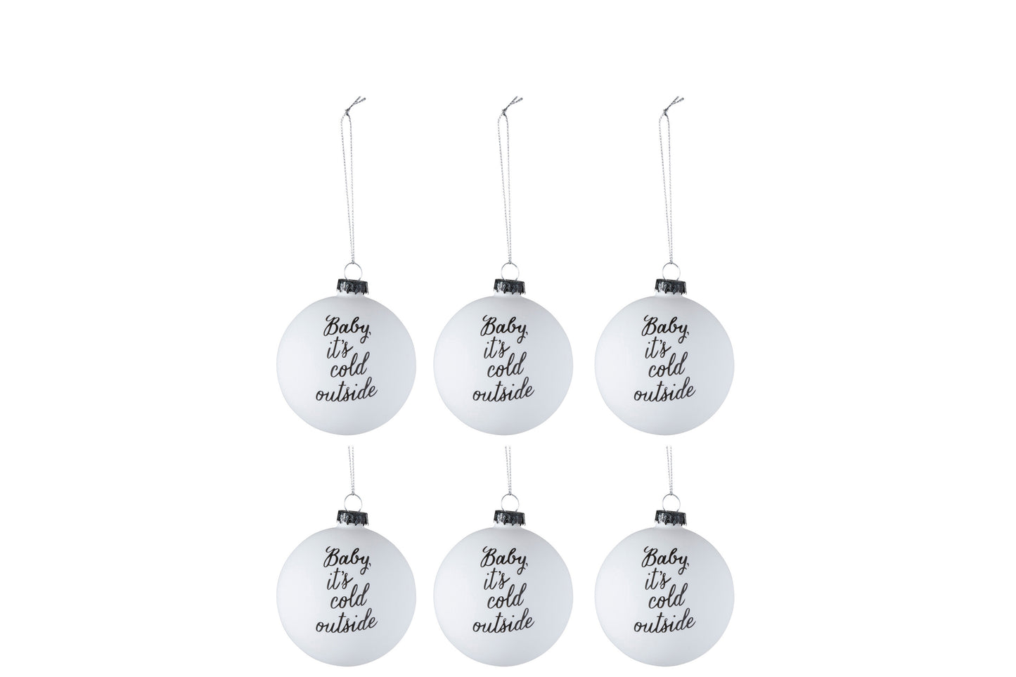 BOX OF 6 CHRISTMAS BAUBLES "BABY IT IS COLD OUTSIDE" GLASS WHITE/BLACK SMALL