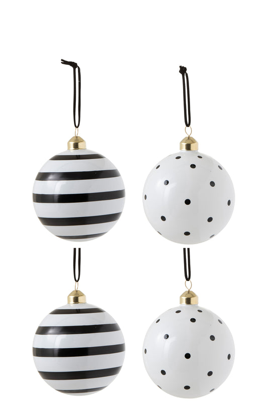 BOX OF 4 CHRISTMAS BAUBLES BALL/STRIPE GLASS BLACK/WHITE MEDIUM