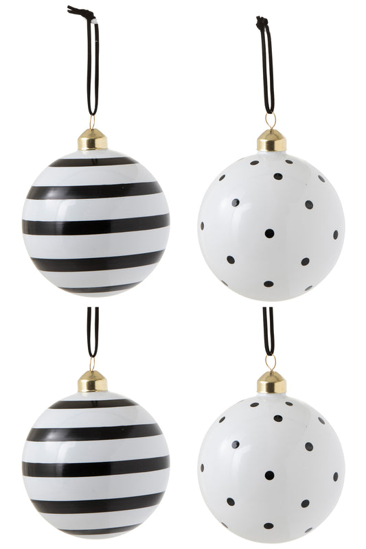 BOX OF 4 CHRISTMAS BAUBLES BALL/STRIPE GLASS BLACK/WHITE LARGE