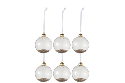 BOX OF 6 CHRISTMAS BAUBLES DECO GLASS CLEAR/GOLD SMALL