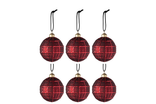 BOX OF 6 CHRISTMAS BAUBLES RHOMBUS GLASS MATT/GLITTER RED SMALL