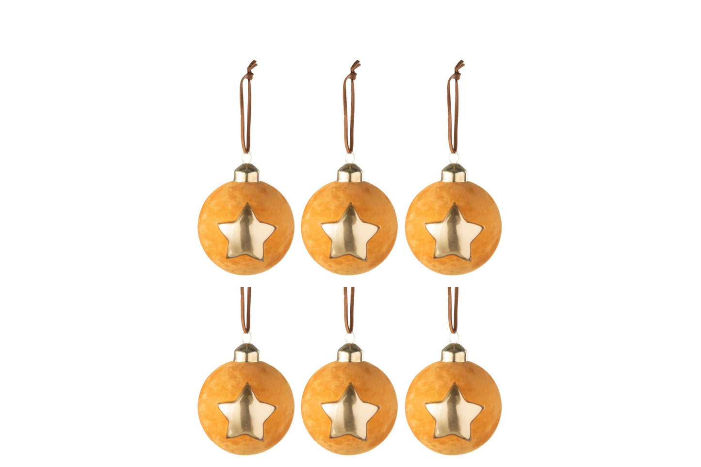 BOX OF 6 CHRISTMAS BAUBLES VELVET STAR GLASS OCHRE/GOLD SMALL