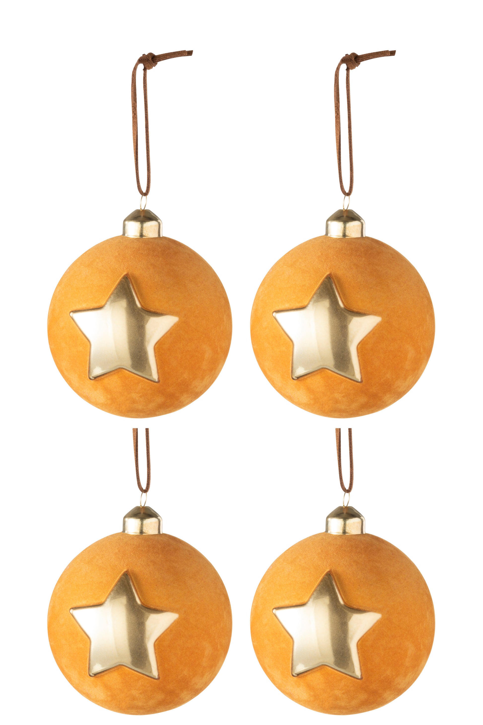 BOX OF 4 CHRISTMAS BAUBLES VELVET STAR GLASS OCHRE/GOLD MEDIUM