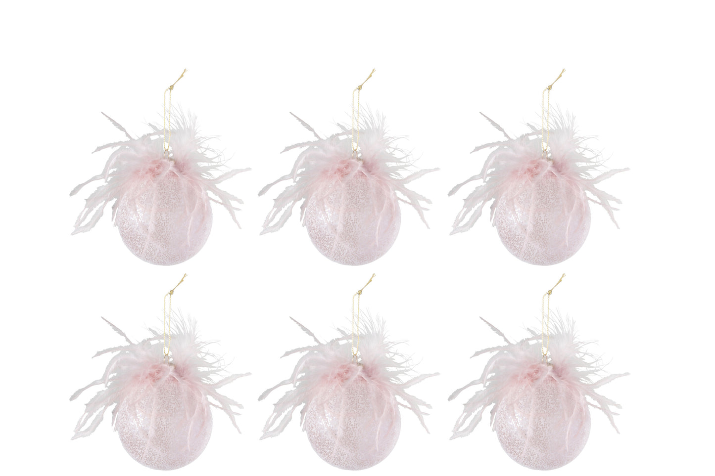 BOX OF 6 CHRISTMAS BAUBLES FEATHERS GLASS MATT PINK SMALL