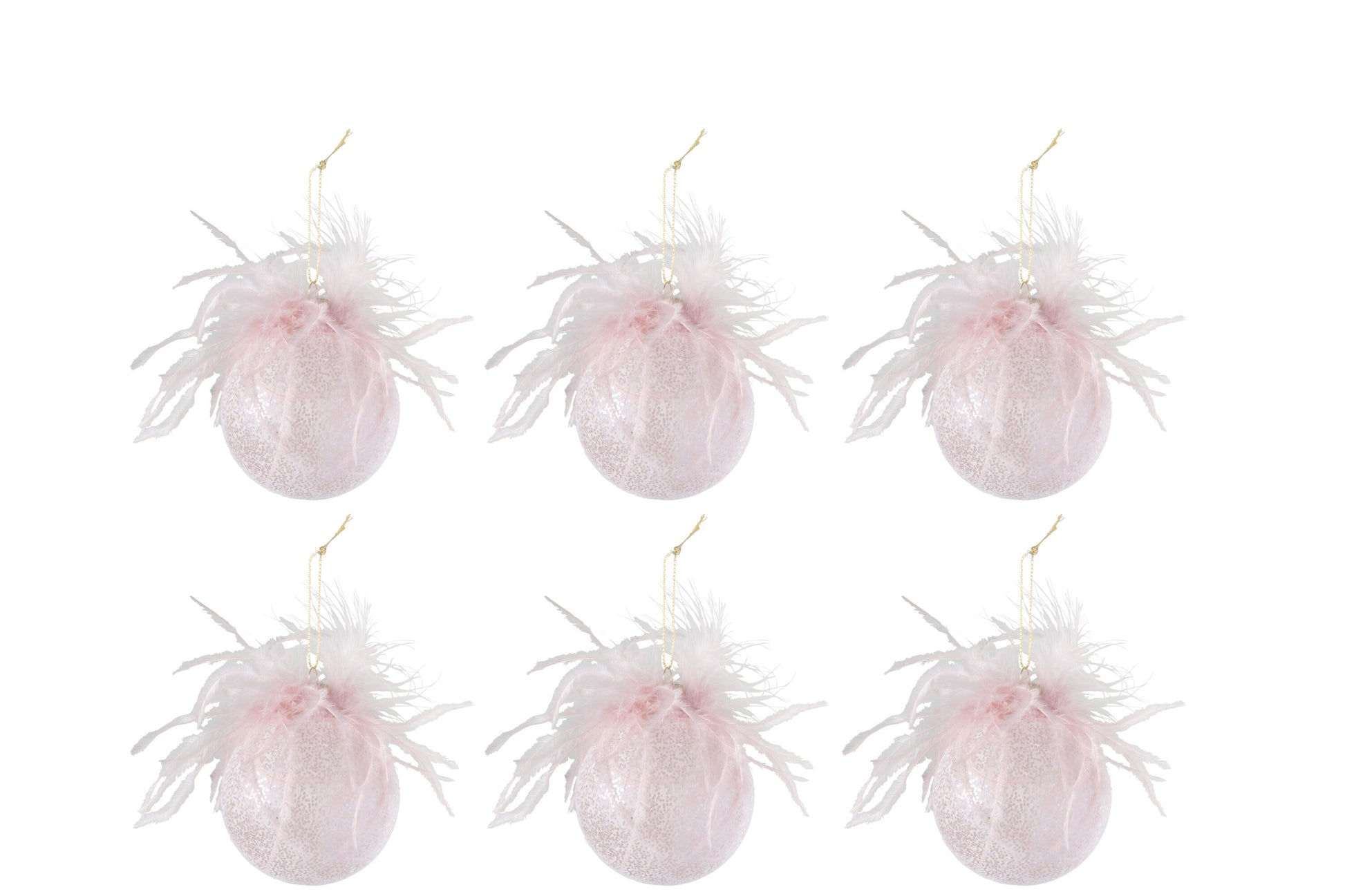 BOX OF 6 CHRISTMAS BAUBLES FEATHERS GLASS MATT PINK SMALL