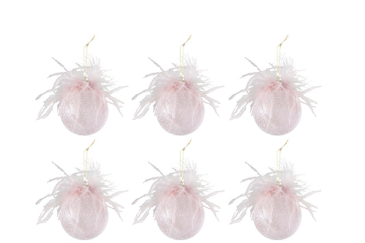 BOX OF 6 CHRISTMAS BAUBLES FEATHERS GLASS MATT PINK SMALL