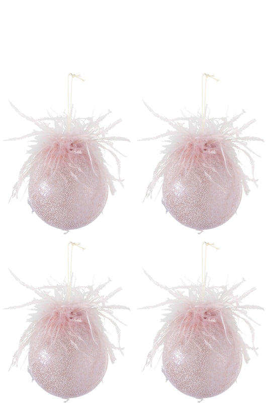 BOX OF 4 CHRISTMAS BAUBLES FEATHERS GLASS MATT PINK MEDIUM