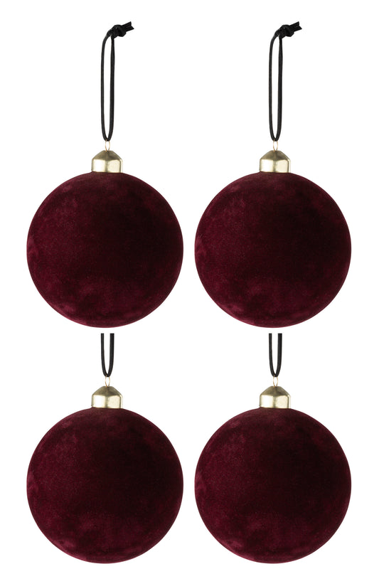 BOX OF 4 CHRISTMAS BAUBLES VELVET DARK RED MEDIUM