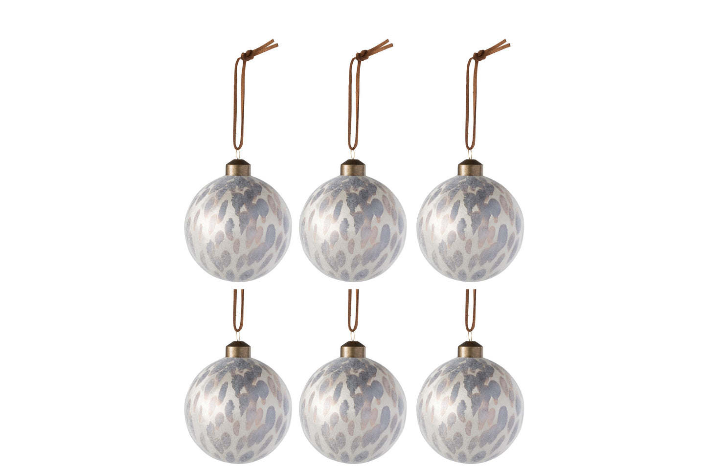 BOX OF 6 CHRISTMAS BAUBLES LEOPARD GLASS BEIGE MIX SMALL