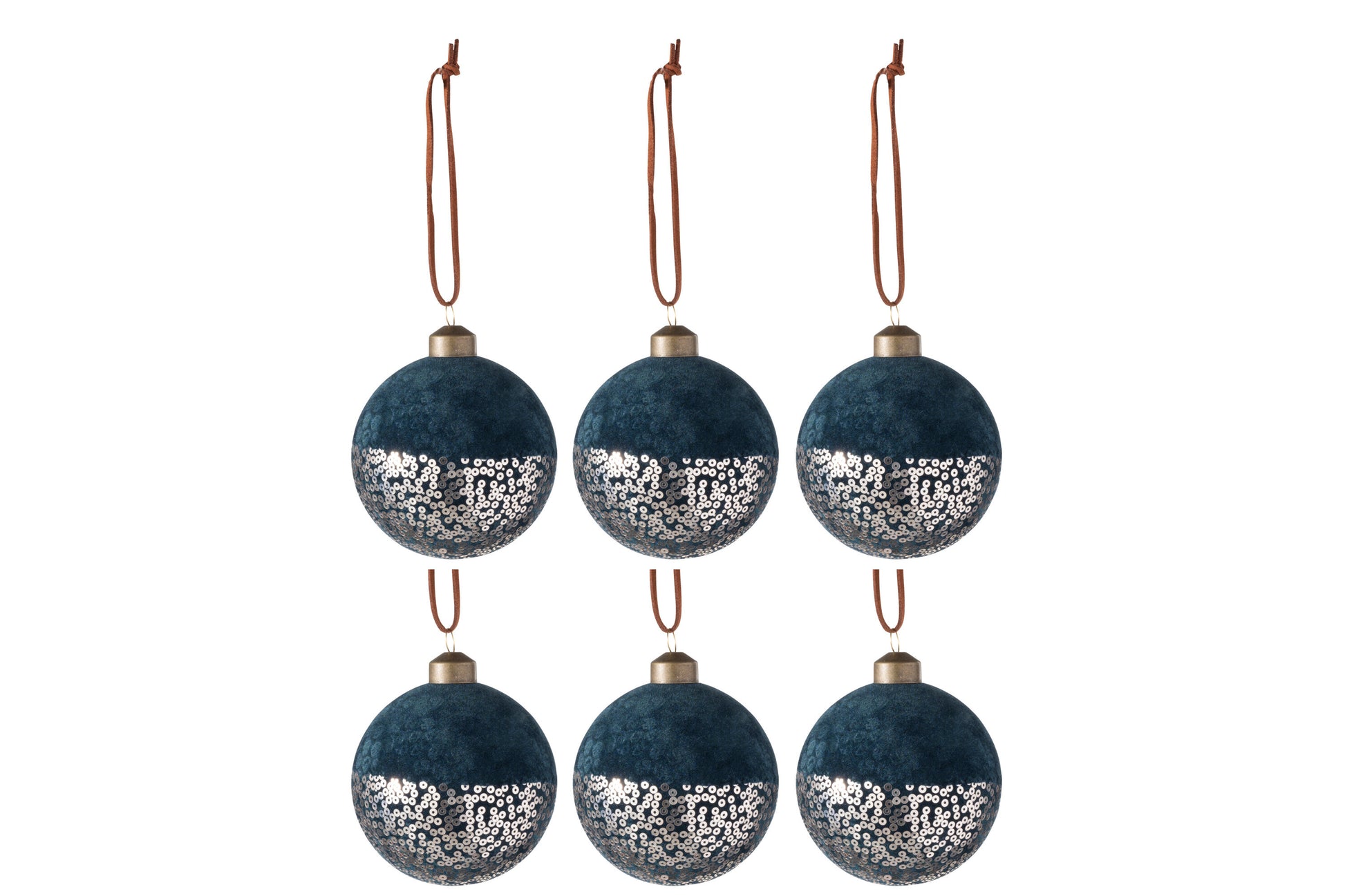 BOX OF 6 CHRISTMAS BAUBLES VELVET/SEQUINS GLASS BLUE/GOLD SMALL