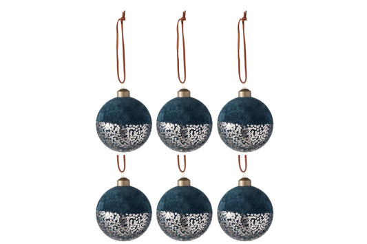 BOX OF 6 CHRISTMAS BAUBLES VELVET/SEQUINS GLASS BLUE/GOLD SMALL