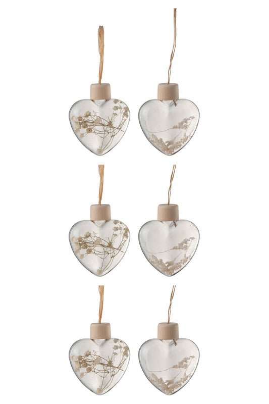 BOX OF 6 CHRISTMAS BAUBLE HEART NAT GLASS TRANSPARENT