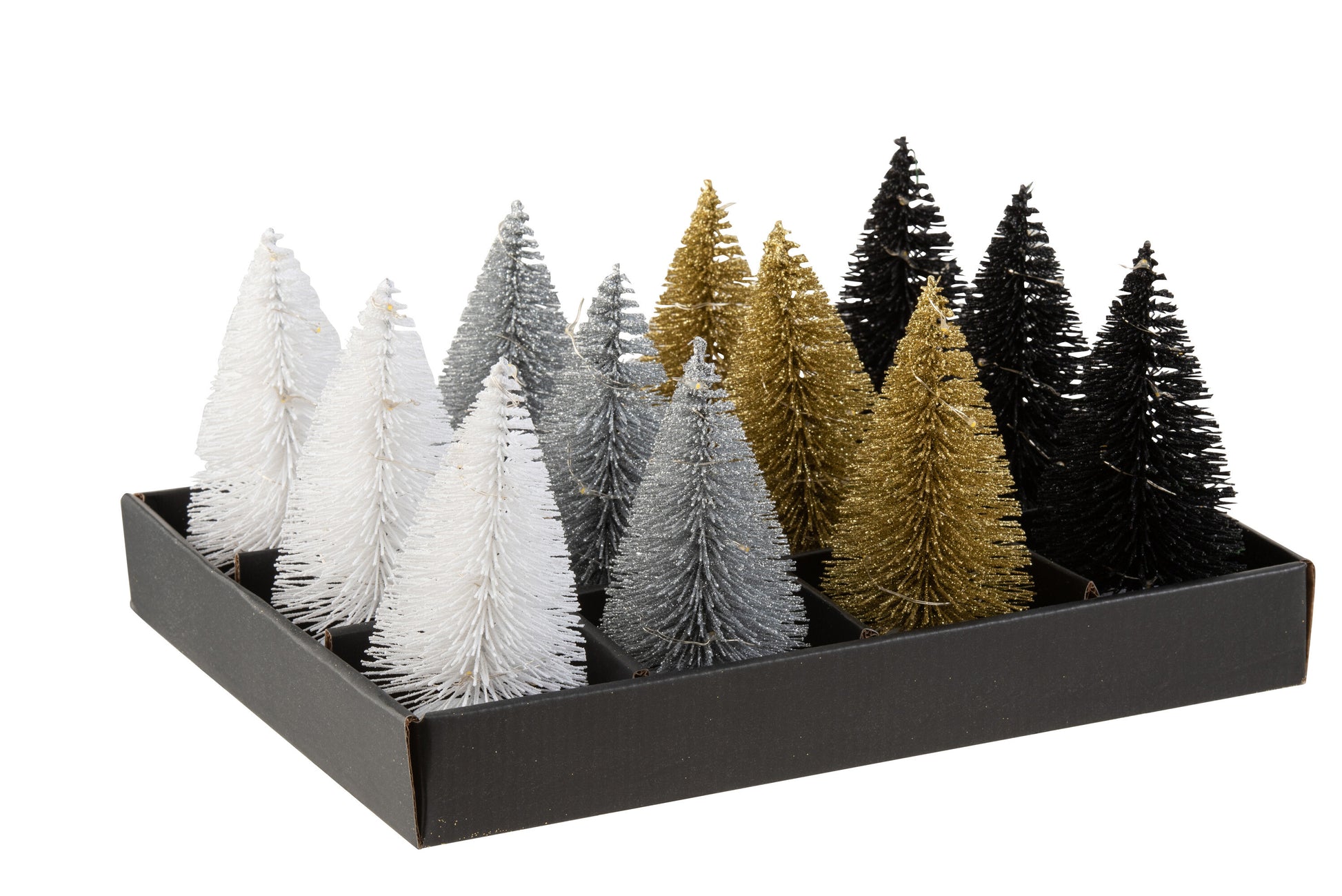 DISPLAY 12CHRISTMAS TREE+LED GLITTER PLASTIC BLACK/SILVER/GOLD