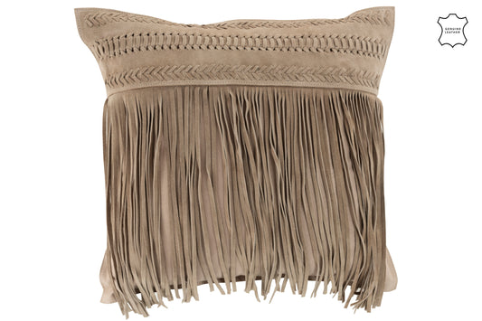 CUSHION TASSELS SQUARE LEATHER LIGHT GREY