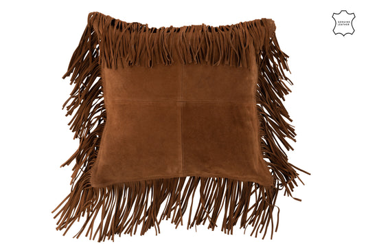 CUSHION TASSELS SQUARE LEATHER COGNAC