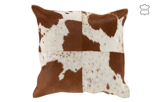 CUSHION COW SQUARE LEATHER WHITE/BROWN